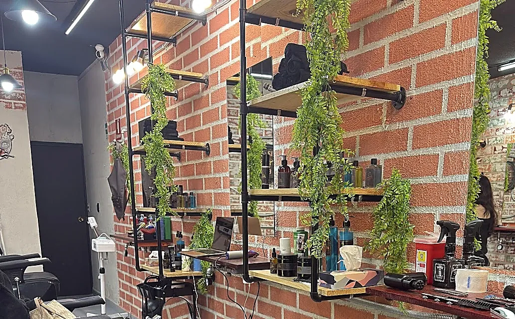 Interior de La Barbería de Coyoacán: muro de ladrillo rojo con repisas de madera sobre tubería negra, hiedra colgante, productos de barbería y los espejos de cada lugar