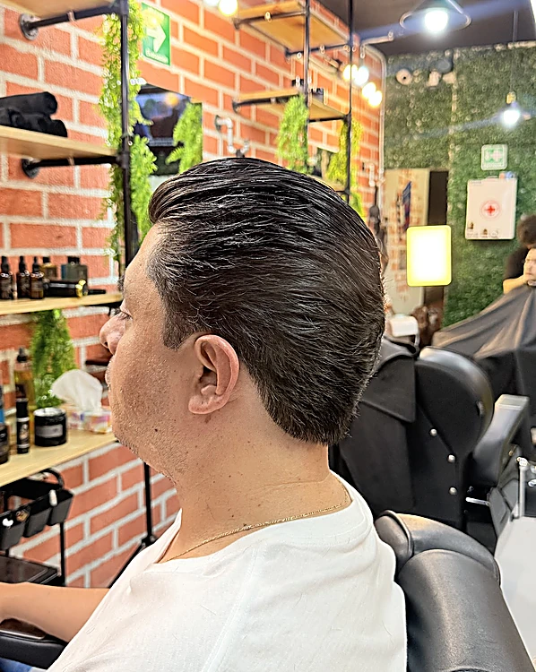 Peinado hacia atrás con volumen y brillo, de perfil, con las repisas y la hiedra al fondo